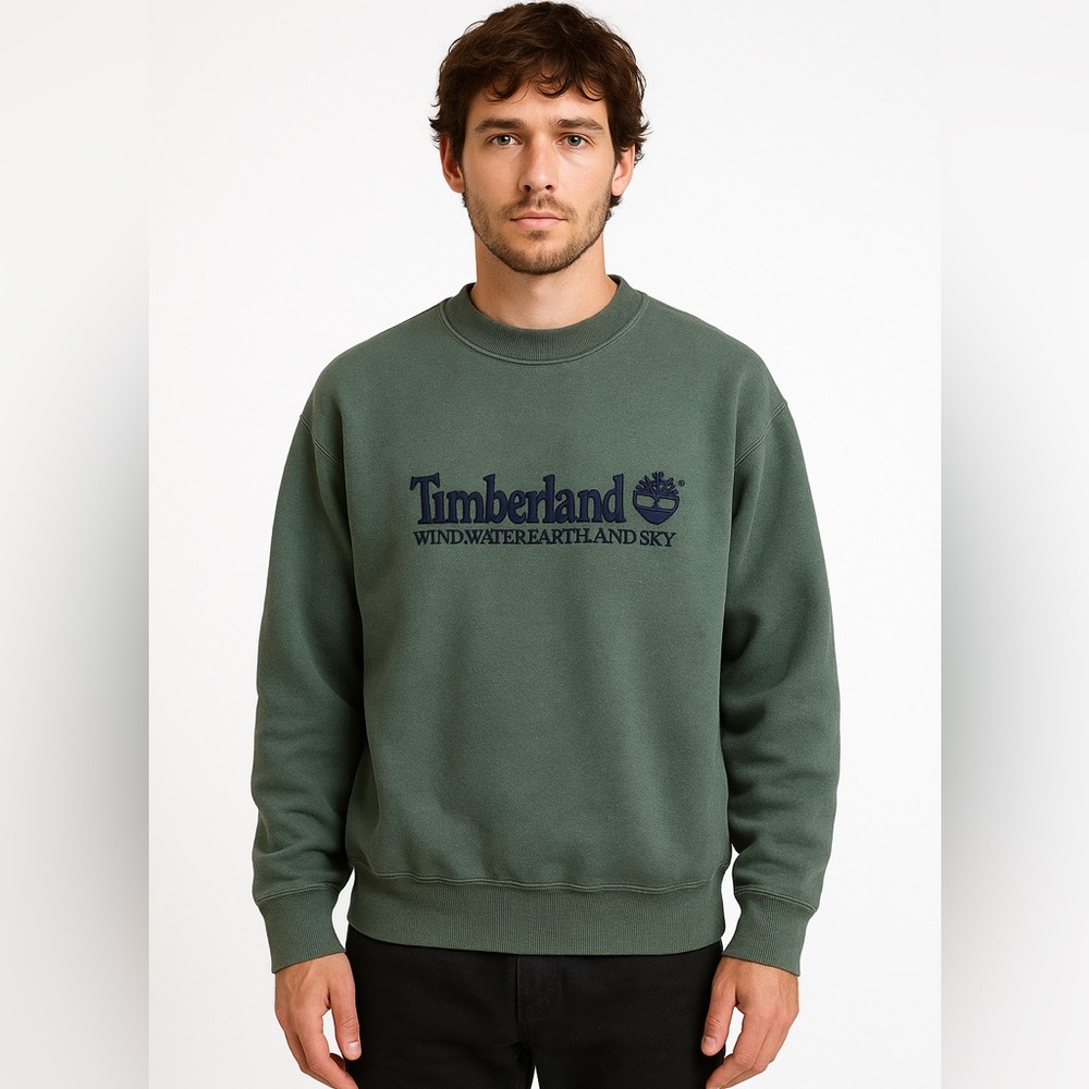 Vtg Timberland Embroidered Wind Water Earth Sky Logo Crewneck Sweater Lg Green